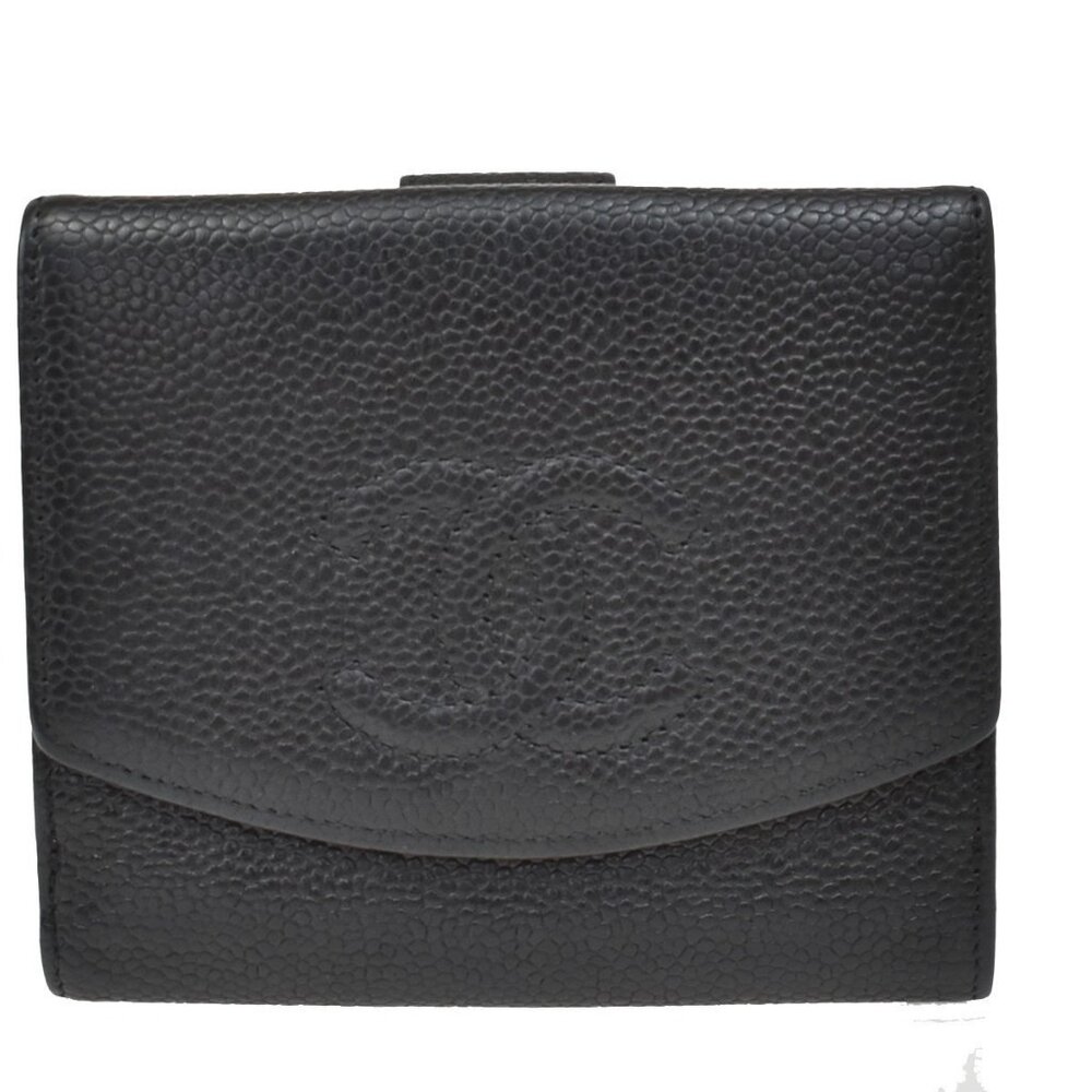 CHANEL CC Logo Bifold Compact Wallet Grained Calfskin Leather Black